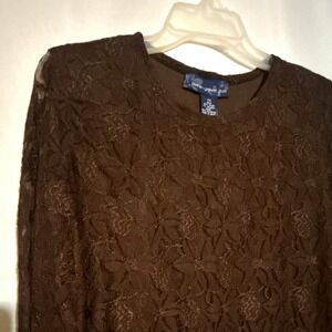 Susan Graver Style Brown Floral Lace Lined Round Neck Pullover Top Women's 1X